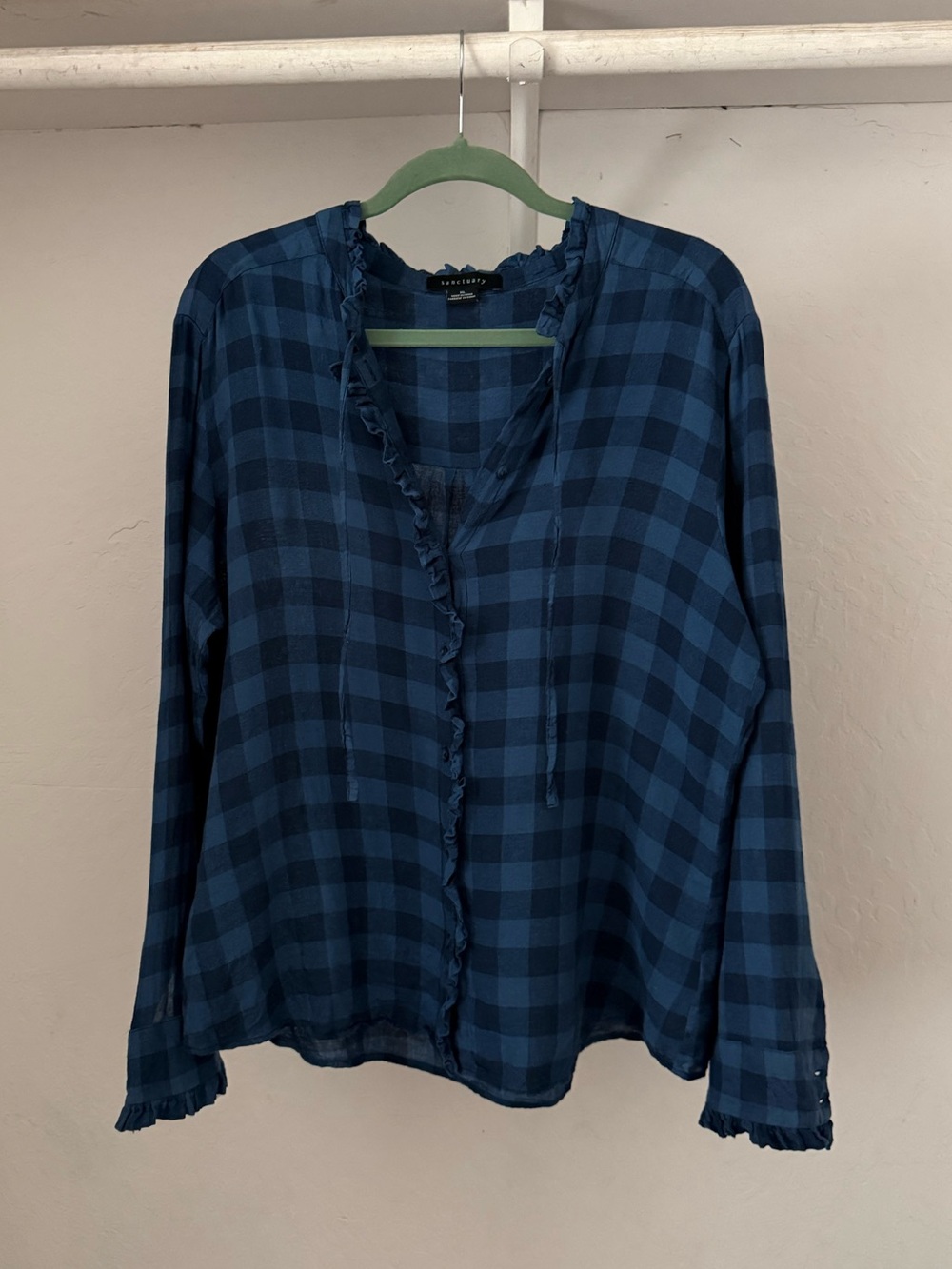 Sanctuary Anthropologie Blue Checkerboard Blouse with Ruffles